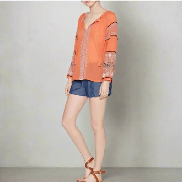 Joie Boho Top Womens Small V-Neck Sleeve Cotton Gauze Peasant Coral Lightweight - Picture 9 of 12